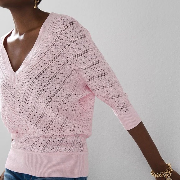 WHBM PINK CABLE KNIT DOLMAN V-NECK SWEATER - Picture 3 of 11
